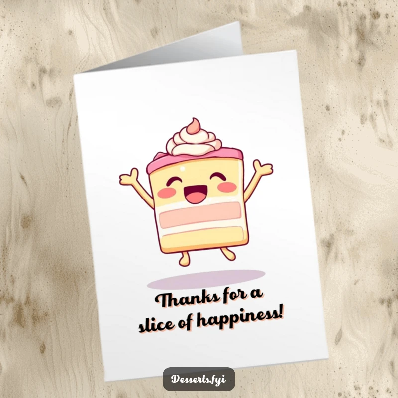 Funny free printable thank you card with a leaping, ecstatic cake, conveying joyous gratitude in a sweet and memorable way.