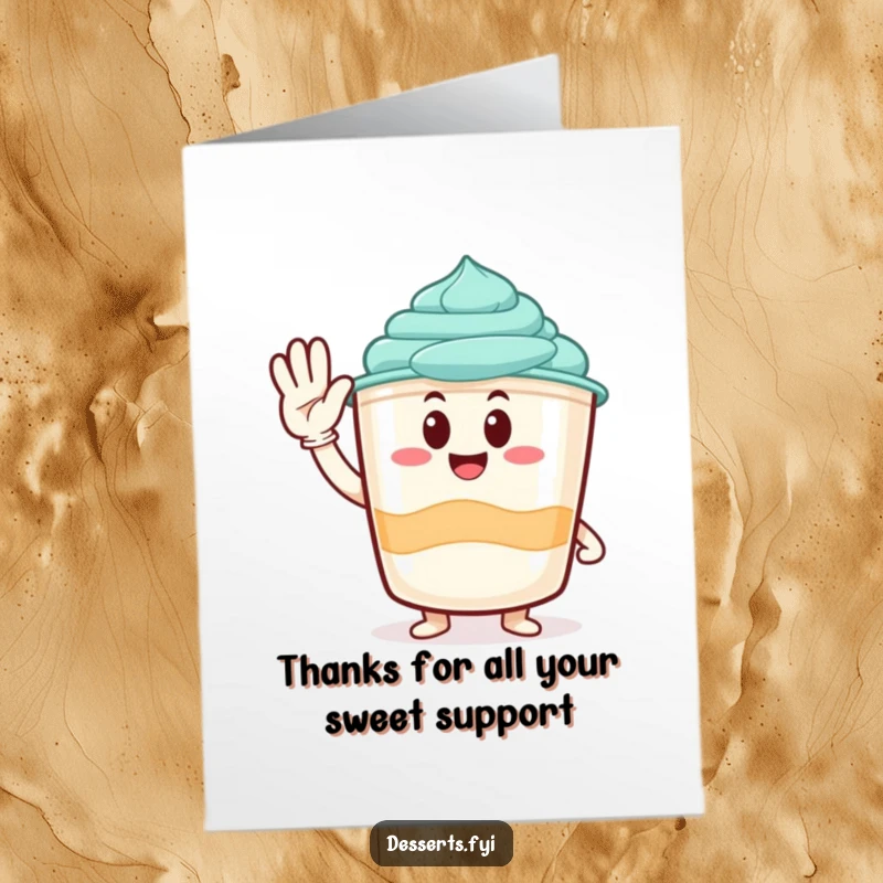 Funny Free Printable Thank You Card featuring a cute pudding cup character giving a happy salute.
