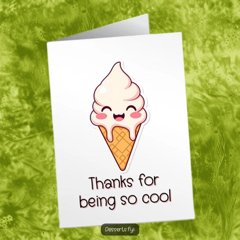 Funny Free Printable Ice Cream cone character melting with happiness to say thank you, a charming DIY card.