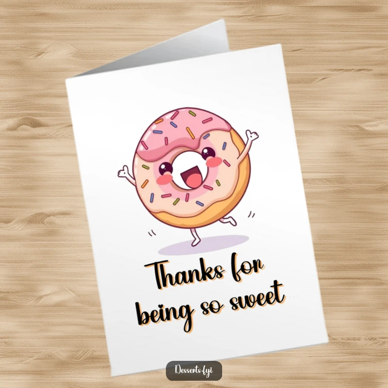 Funny Free Printable Thank You Card: Cheerful donut with sprinkles doing a joyful cartwheel, expressing thanks with energy.