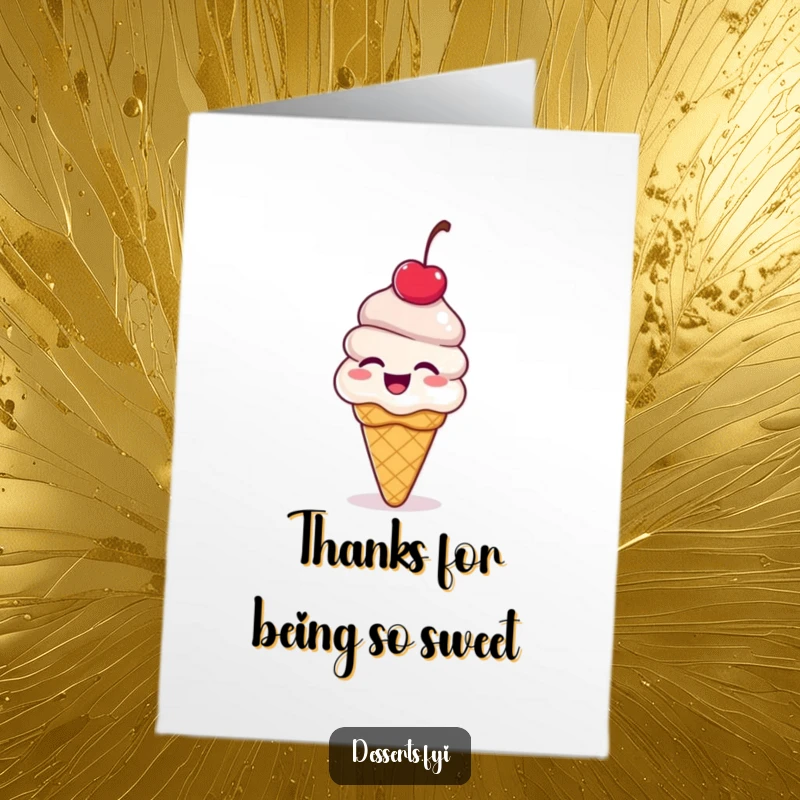 Funny Free Printable Thank You Card: Giggling ice cream cone with a cherry on top bouncing with delight, expressing thanks happily.