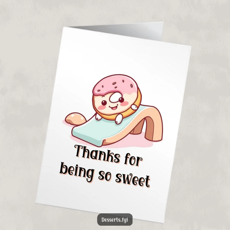 Funny free printable thank you card of a cheerful donut sliding gleefully down a slide, a sweet way to express thanks.