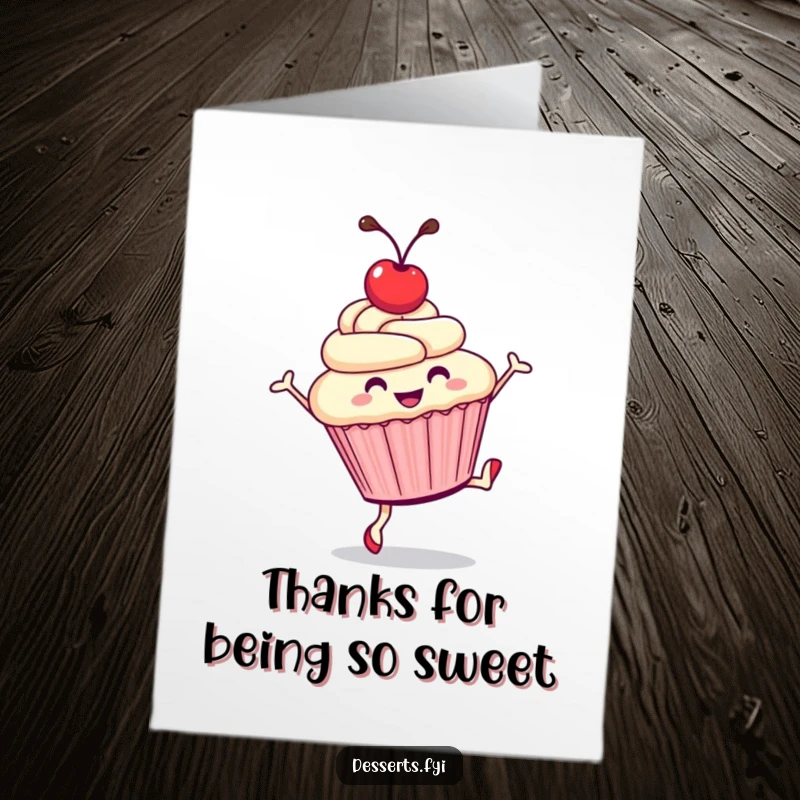 Funny Free Printable Thank You Card where a smiling cupcake with a cherry on top does a cartwheel.