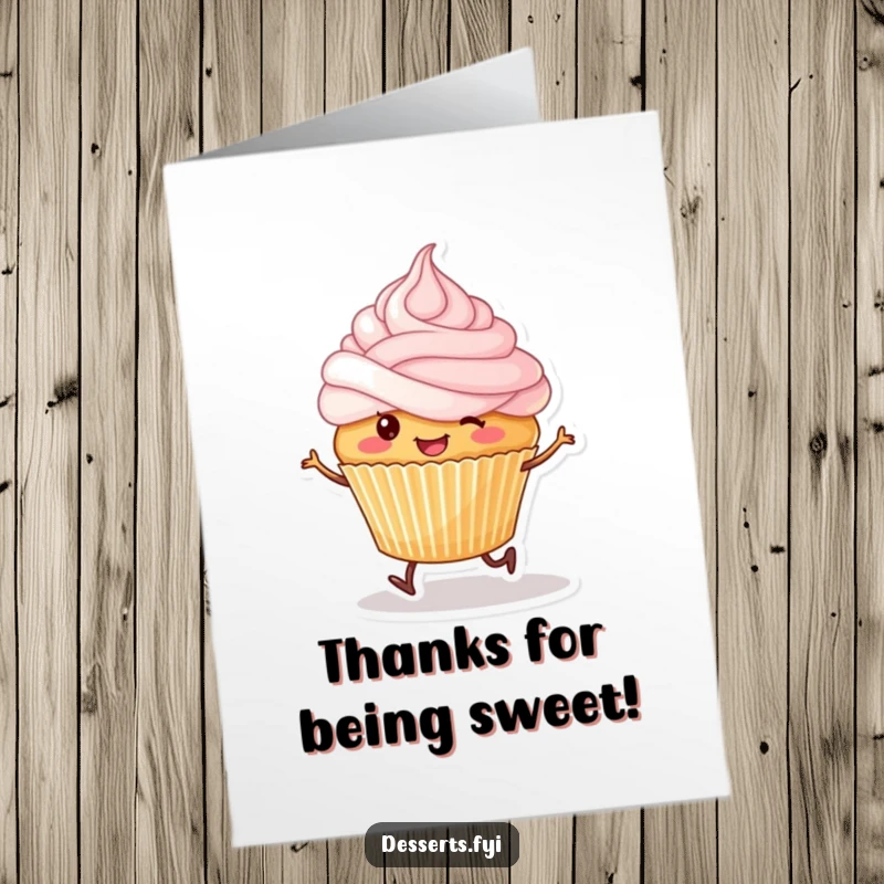 Funny Free Printable Thank You Card: Smiling cupcake with tiny legs skips happily, frosting on its head.