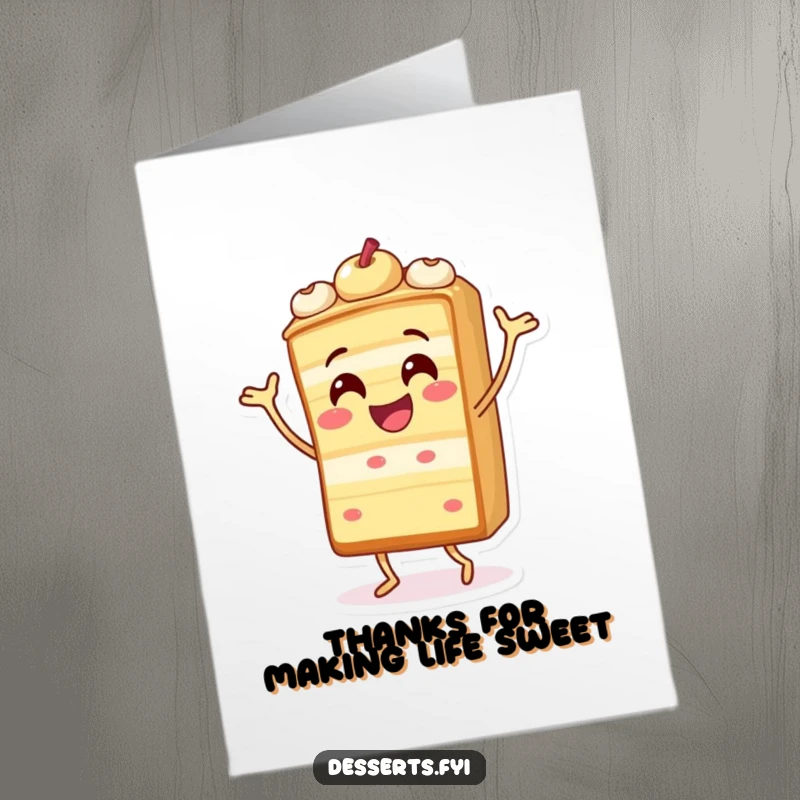 Funny Free Printable Thank You Card featuring a cheerful slice of cake character grooving in a silly dance.