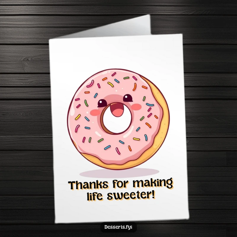 Funny Free Printable Thank You Card: Delighted donut with sprinkles does a joyful somersault, a sweet DIY gift.