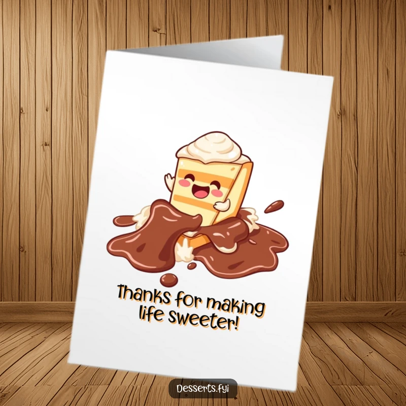 Funny Free Printable cake thank you card, a joyful cake slice character enjoying a delightful slide on a chocolate syrup river.