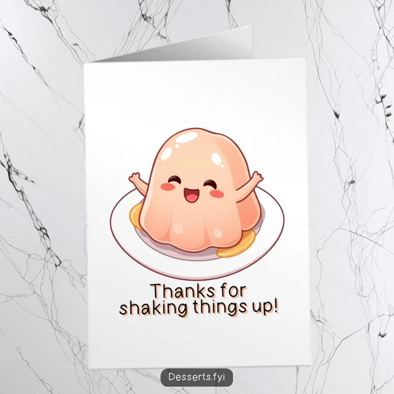 Funny Free Printable jelly thank you card, a happy jelly character doing a delighted bounce on a plate, showing thanks.