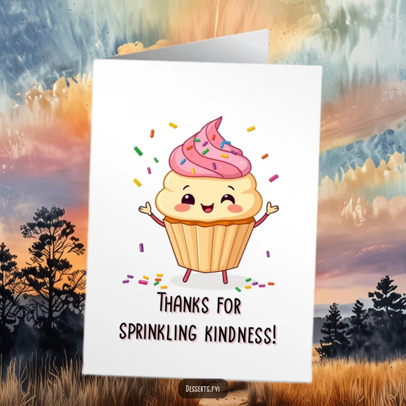 Funny free printable thank you card featuring a cupcake character juggling colorful sprinkles, a sweet and funny expression of thanks.