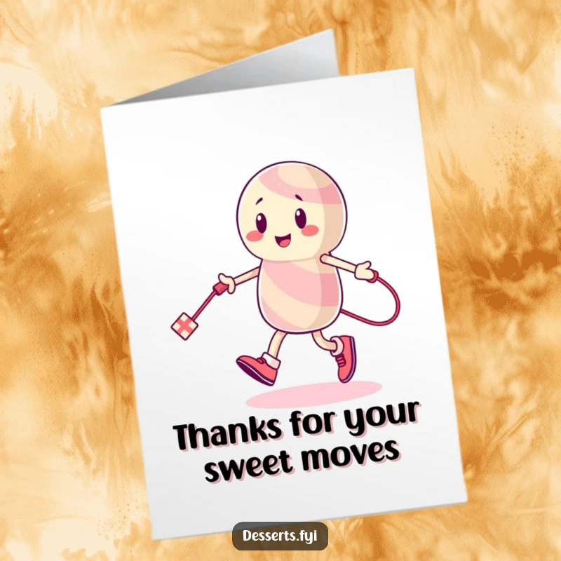 Funny Free Printable Thank You Card: Energetic candy character skipping rope with licorice, conveying thanks with a lively and sweet spirit.