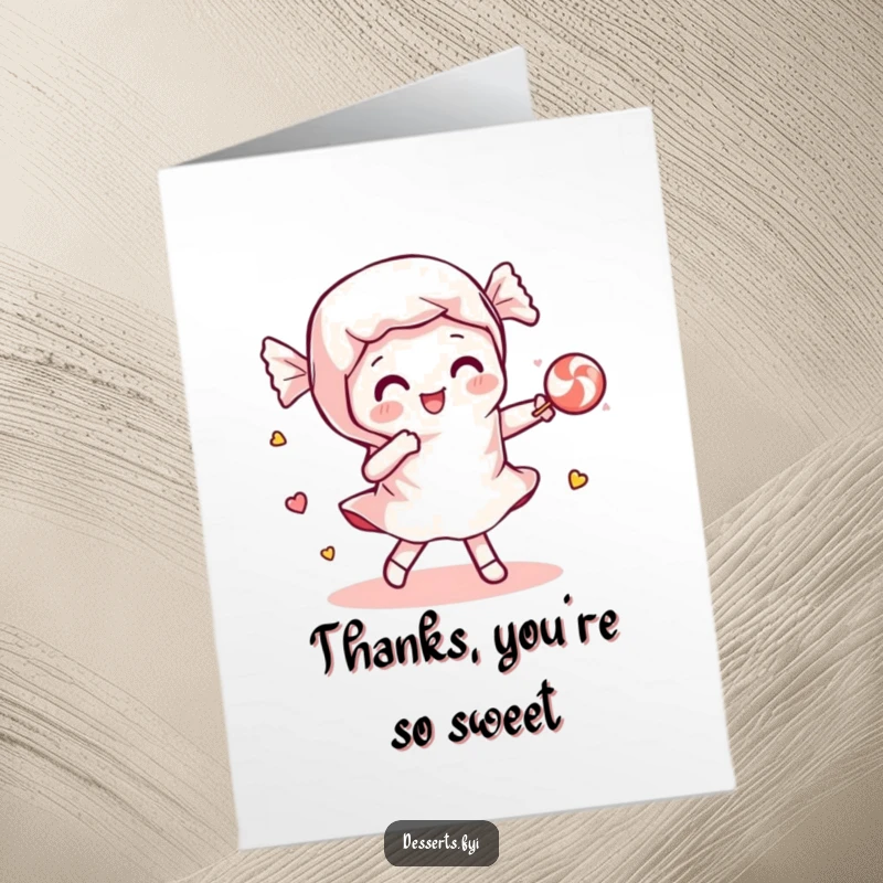 Free Printable Thank You Card: A playful candy wrapper dancing with a piece of candy to say thanks.