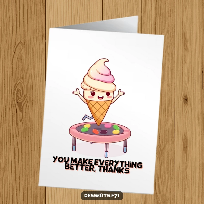 Funny Free Printable Thank You Card: Ice cream cone bounces on a jelly bean trampoline, expressing thanks, downloadable art.