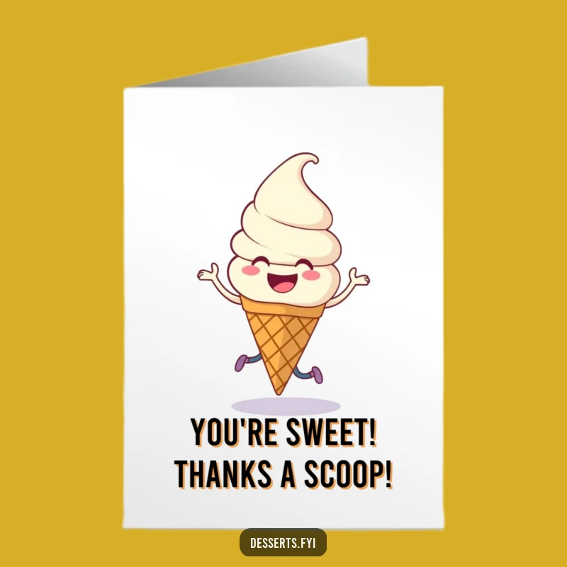 Free Printable Thank You Card: Jigging Ice Cream Cone, Smiling Character, Funny Downloadable Gratitude