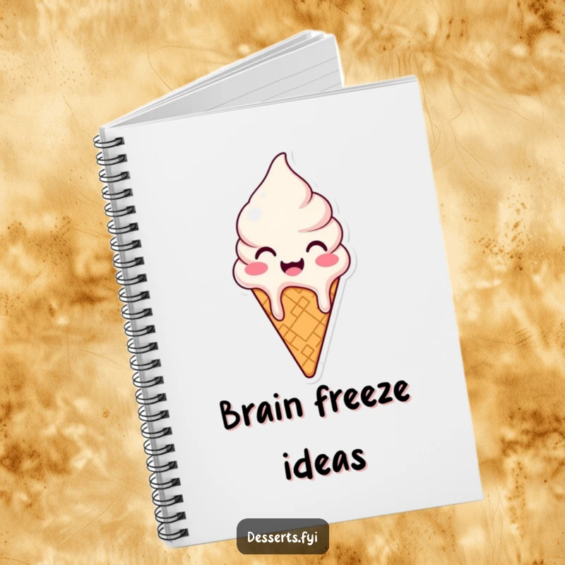 Funny notebook featuring a joyful ice cream cone character melting slightly, perfect for writing and creative inspiration.