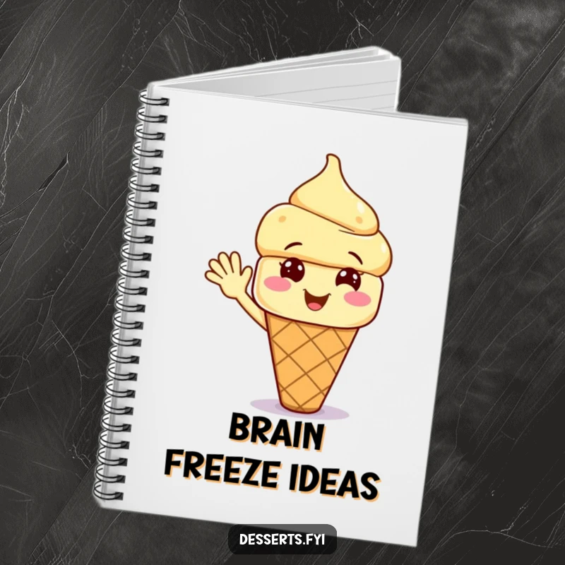 Funny notebook with a smiling ice cream cone character waving enthusiastically, perfect for jotting down notes with a touch of sweet humor.