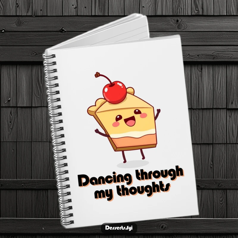 Funny notebook cover with a joyful slice of pie character dancing, ideal for capturing happy thoughts.