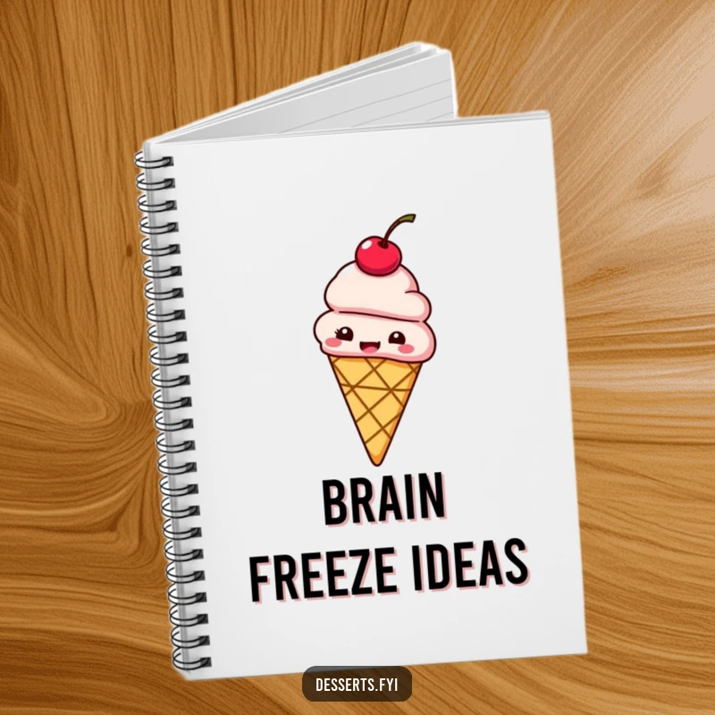 Funny notebook with a giggling ice cream cone character with a cherry on top bouncing with delight.