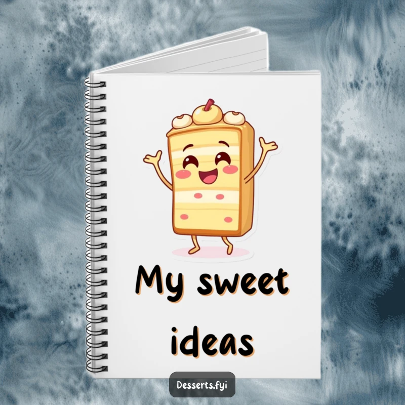 Funny notebook with a cheerful cake slice character performing a silly dance, perfect for jotting down party ideas.