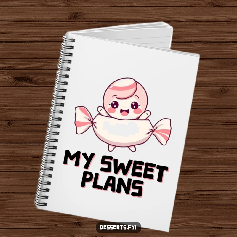 Funny notebook featuring a playful candy character bouncing excitedly inside its wrapper, ideal for sweet notes.