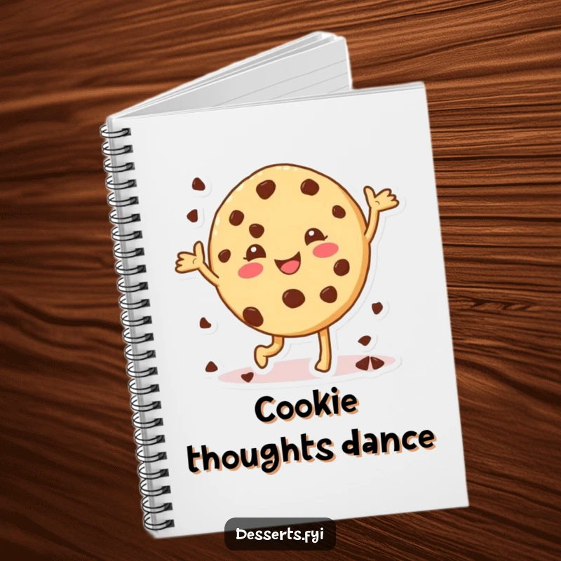 Funny cookie notebook, a happy dancing character with chocolate chips on the cover, inspiring cheerful thoughts and creativity.