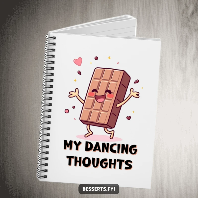 Funny notebook featuring a joyful chocolate bar doing a vibrant, energetic dance, perfect for jotting down ideas with a burst of sweet energy.