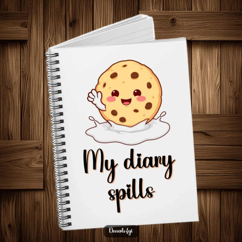 Funny Notebook: A happy cookie character waves from a milk puddle, designed for humorous note-taking and creative thoughts.