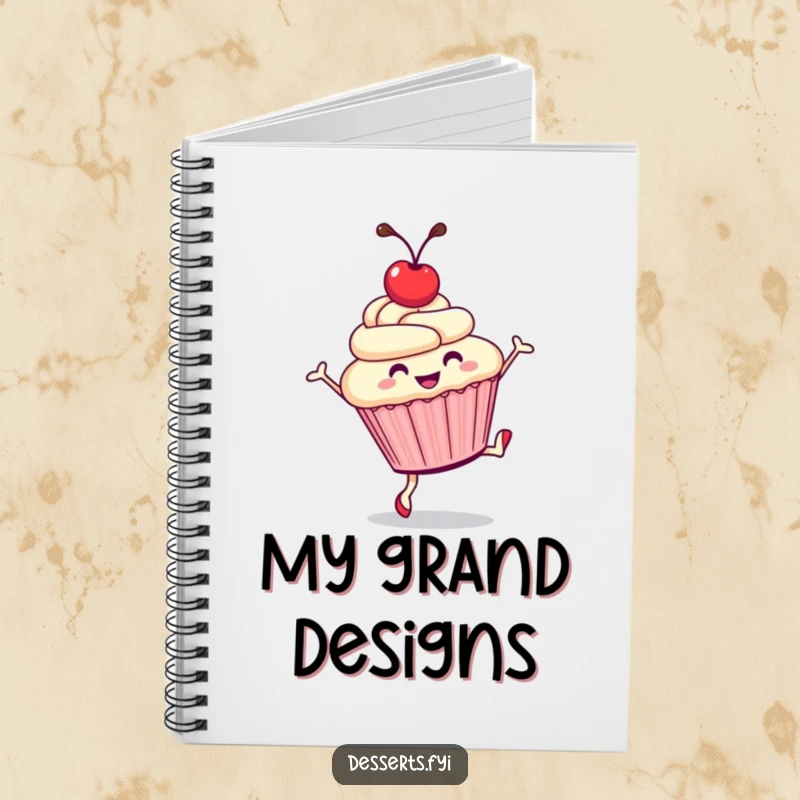 Funny notebook cover featuring a smiling cupcake doing a cartwheel, perfect for jotting down creative ideas and sweet thoughts.