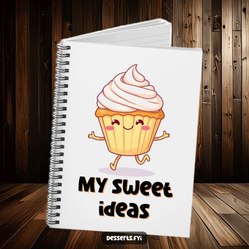 Funny cupcake notebook, a smiling dessert with tiny legs happily skipping with frosting on its head, inspiring notes and planning with humorous sweet charm.