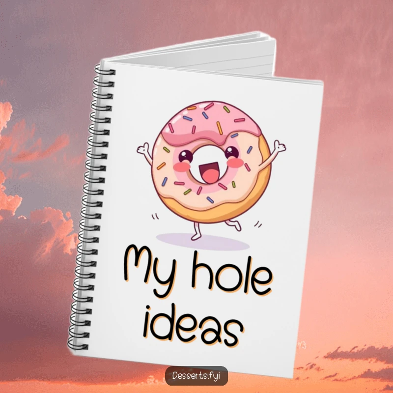 Funny donut notebook, a cheerful dessert with sprinkles doing a joyful cartwheel with glee, inspiring notes and planning with humorous sweet charm.