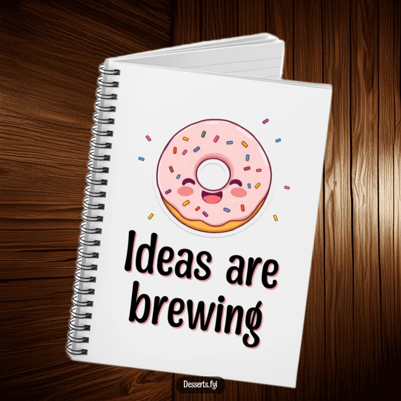 Funny notebook featuring a joyful donut character with sprinkles scattered around, perfect for writing and creative inspiration.