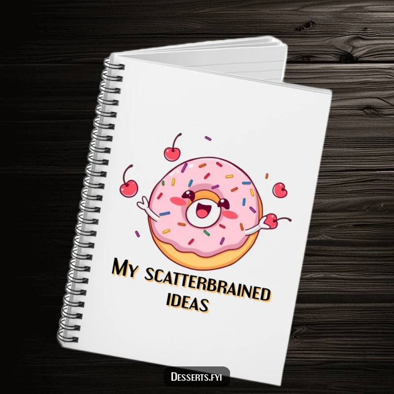 Funny donut character juggling sprinkles and cherries on a notebook cover, inspiring sweet thoughts and creative notes.