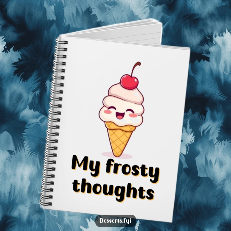 Funny ice cream cone notebook, a dessert with a cherry on top giggling and bouncing with delight, inspiring notes and planning with humorous sweet charm.