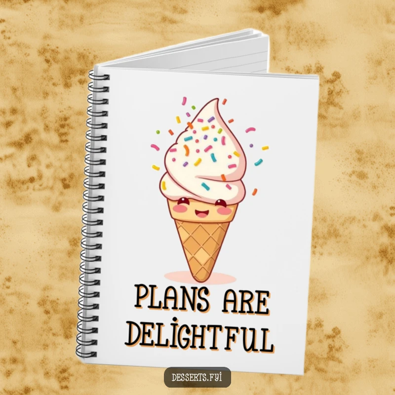 Funny notebook cover with a giggling ice cream cone showering itself with rainbow sprinkles. Perfect for journaling, note-taking, or doodling with a sweet, humorous touch.