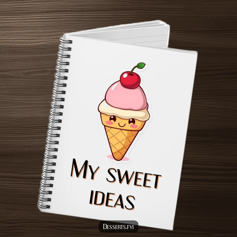 Funny Notebook: A smiling ice cream cone character balances a cherry on its head, inspiring sweet thoughts and creative journaling.