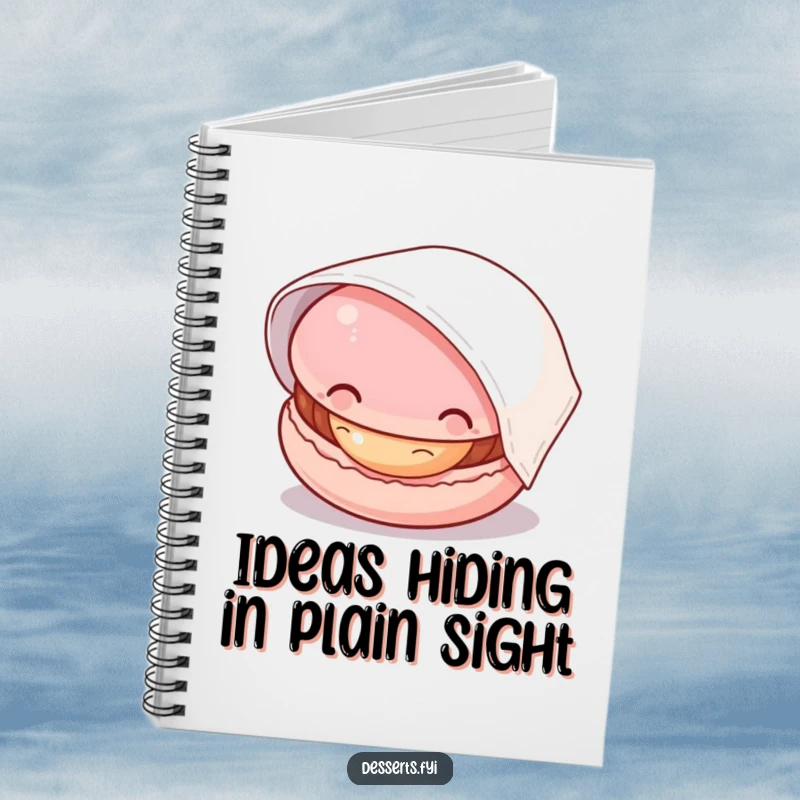 Funny macaron notebook with a curious macaron peeking from under its napkin, its filling visible, perfect for jotting down delicious ideas.