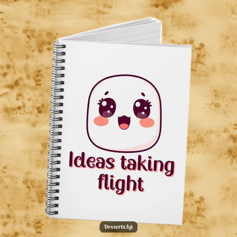 Funny notebook featuring a surprised marshmallow floating upwards with wide, happy eyes, perfect for capturing thoughts with a touch of whimsical delight.