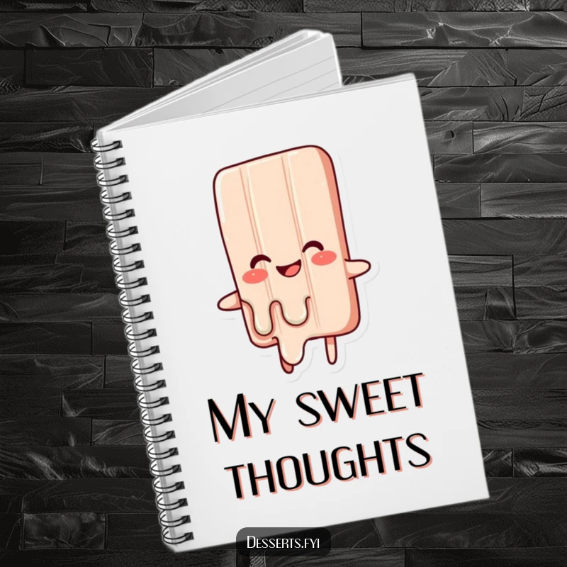 Funny notebook with a happy candy bar character melting with glee, perfect for writing sweet ideas and notes with humor.