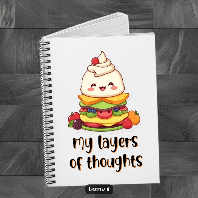 Funny notebook with a beaming parfait character focused on stacking fruity layers, perfect for journaling or sketching sweet ideas.