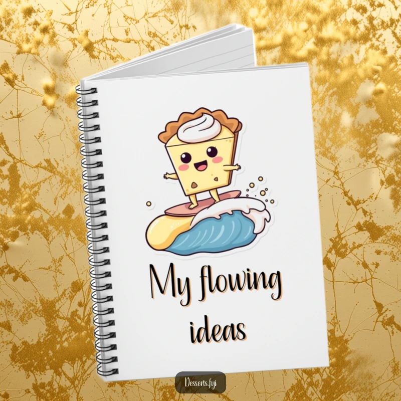 Funny happy slice of pie character surfing a creamy custard wave on a notebook cover, inspiring sweet thoughts and doodles.