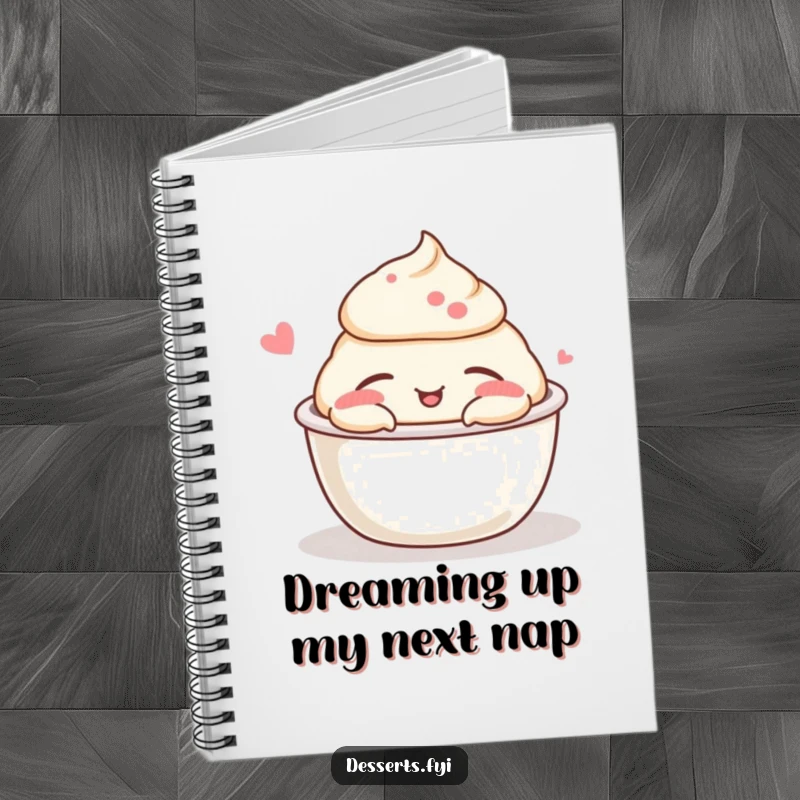 Funny pudding cup nap notebook with a sleeping pudding cover, ideal for journaling and note-taking with a humorous, sweet theme.
