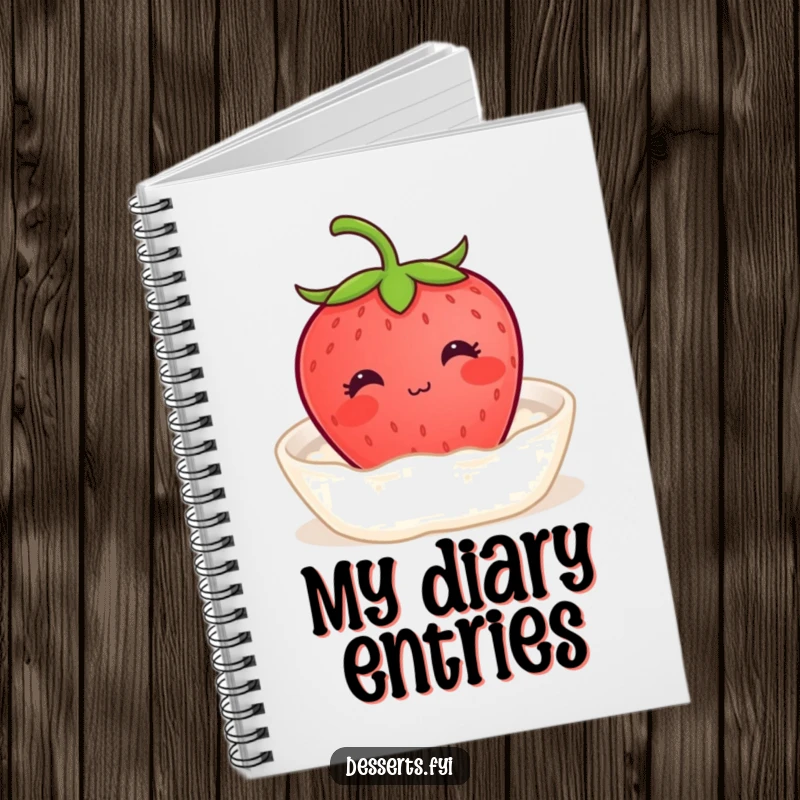 Funny notebook featuring a content strawberry with a tiny smile enjoying a bath of cream, perfect for jotting down thoughts with sweet serenity.