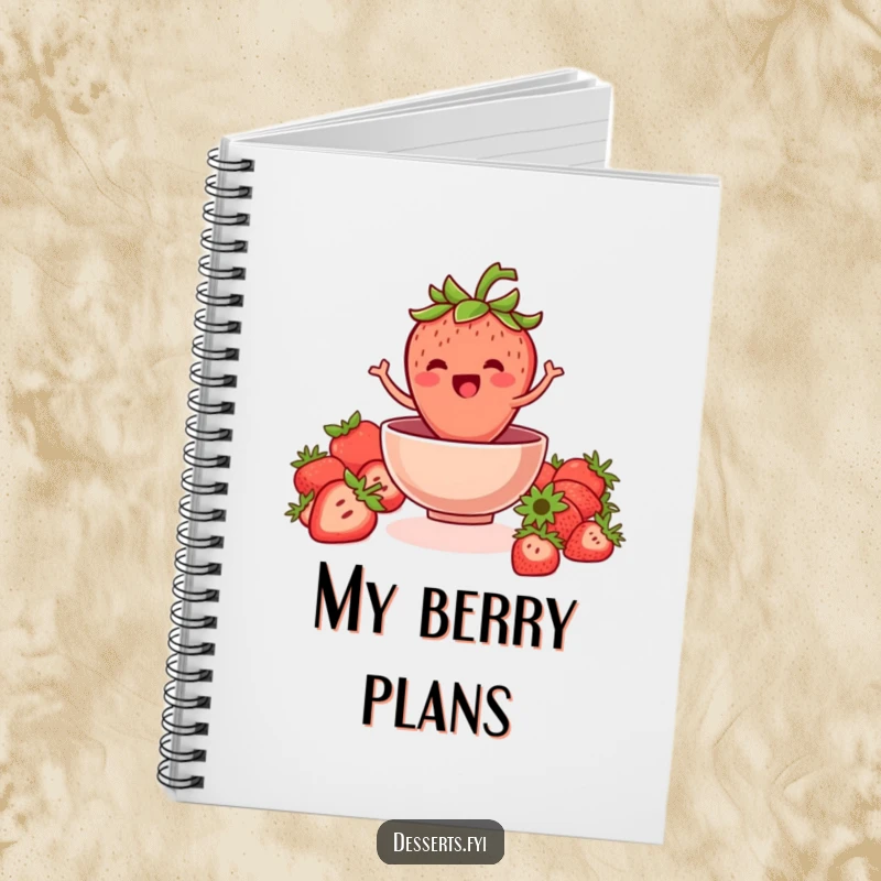 Funny strawberry notebook with a jovial strawberry jumping into a bowl, perfect for jotting down ideas and healthy recipes.