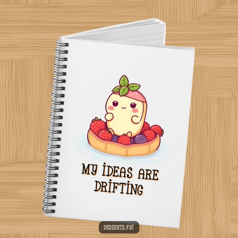 Funny notebook cover featuring a buoyant tart character floating on a berry raft, ideal for jotting down sweet ideas and funny thoughts.