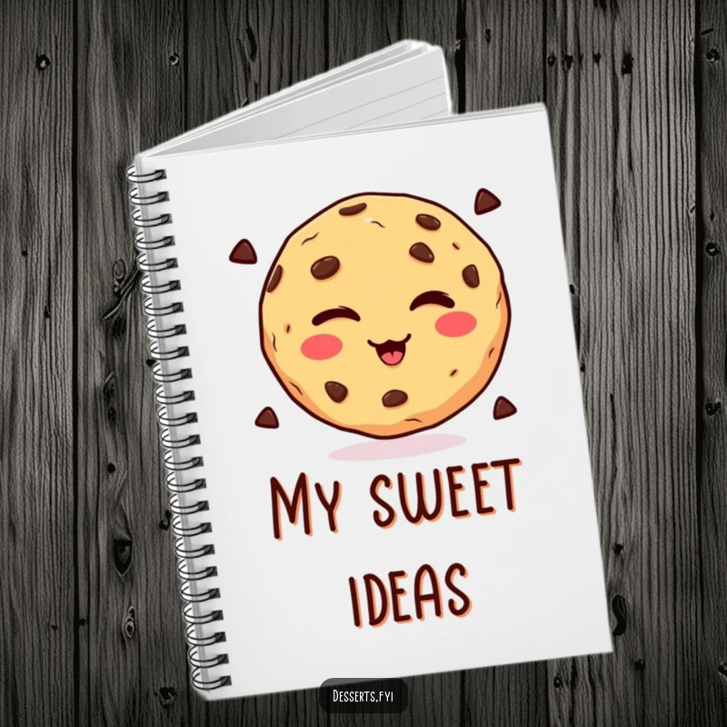 Funny winking chocolate chip cookie on a notebook cover, inspiring playful thoughts and notes, a charming funny gift.