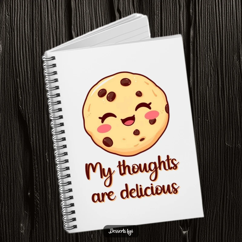 Funny notebook featuring a delighted chocolate chip cookie winking playfully, ideal for jotting down notes with a touch of sweet humor.