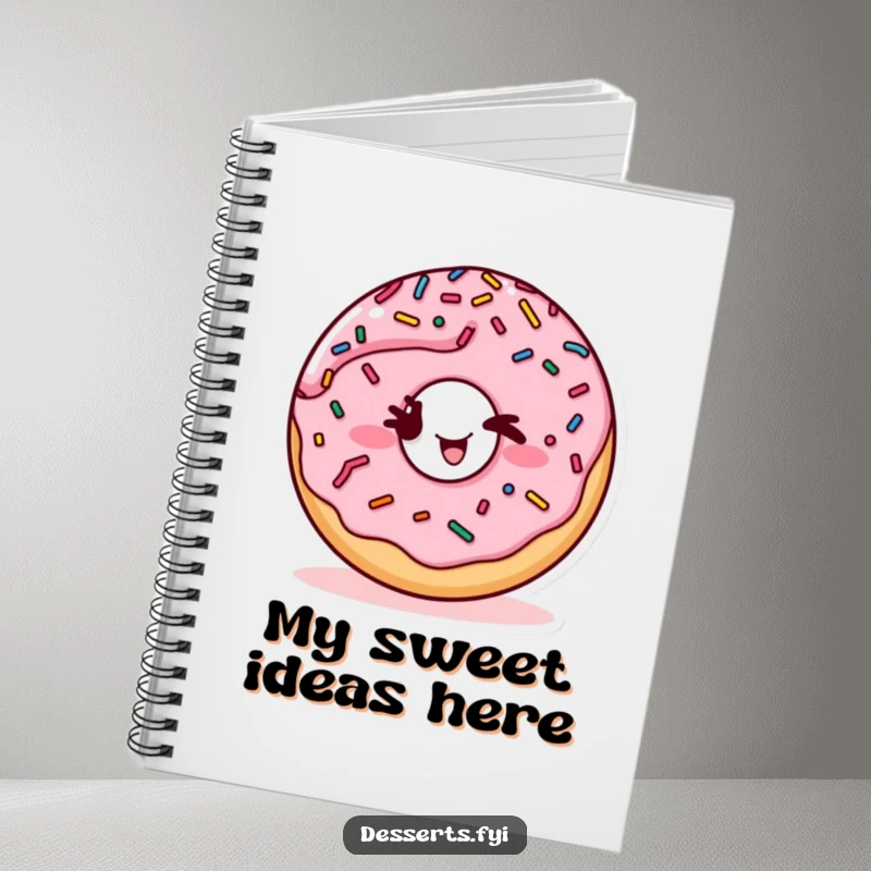 Funny notebook with a playful, winking donut character and sprinkles, perfect for capturing notes and ideas with a touch of humor.