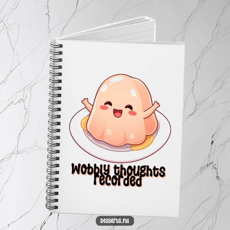 Funny jelly notebook, a wobbly character bouncing with delight on the cover, inspiring cheerful thoughts and creativity.