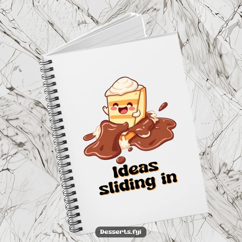 Funny cake notebook, a character happily sliding on a chocolate syrup river on the cover, inspiring sweet thoughts and creativity.