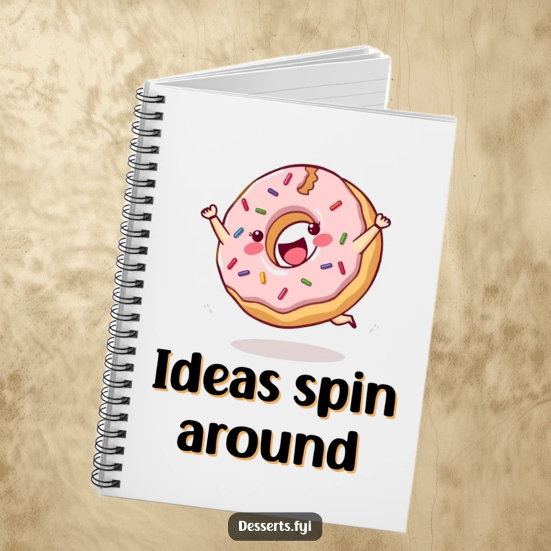 Funny notebook with a cheerful donut character with sprinkles doing a joyful cartwheel.