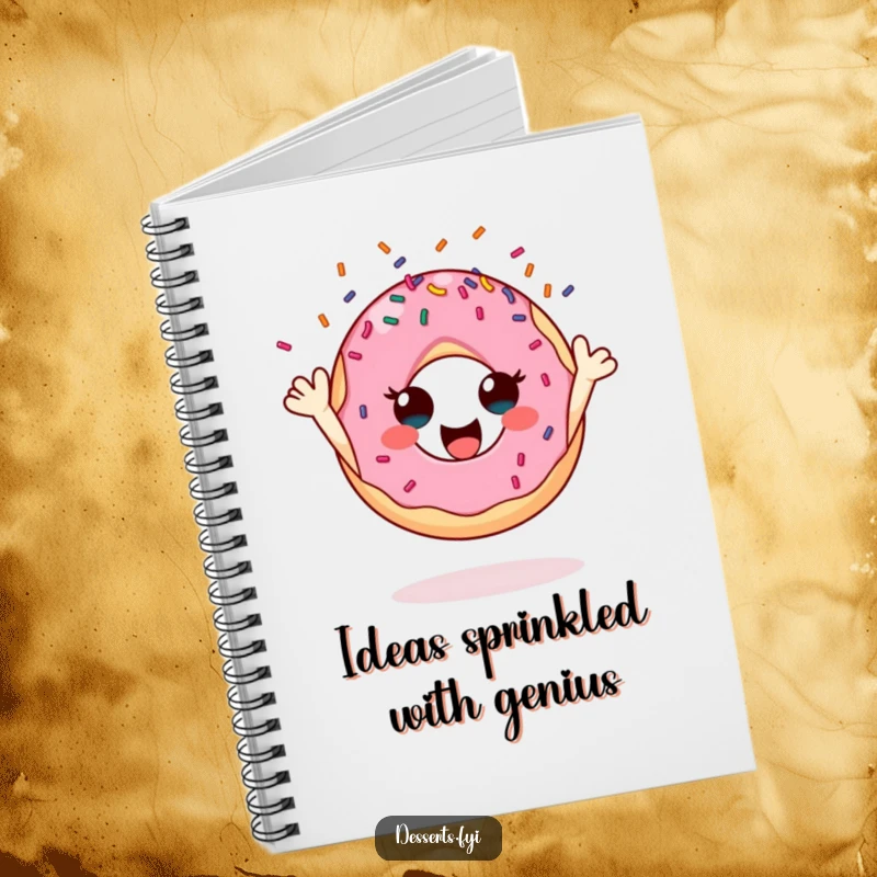 Funny donut notebook, a character joyfully tossing sprinkles across the cover, inspiring creativity and humor.